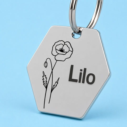 Birth Flower Dog Tag - Poppy Birth Flower Dog Tag, August
