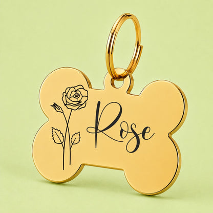 Birth Flower Dog Tag - Rose Birth Flower Dog Tag, June