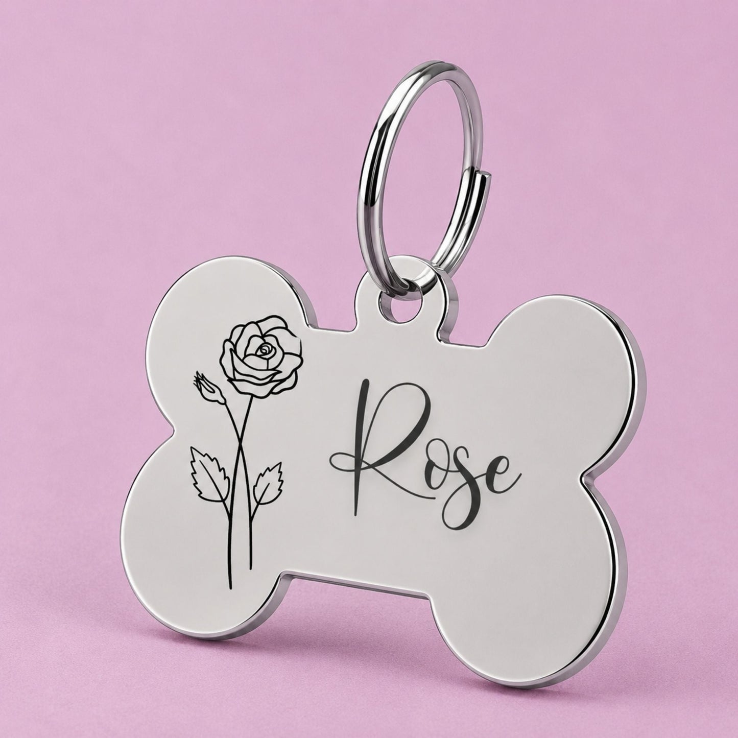 Birth Flower Dog Tag - Rose Birth Flower Dog Tag, June