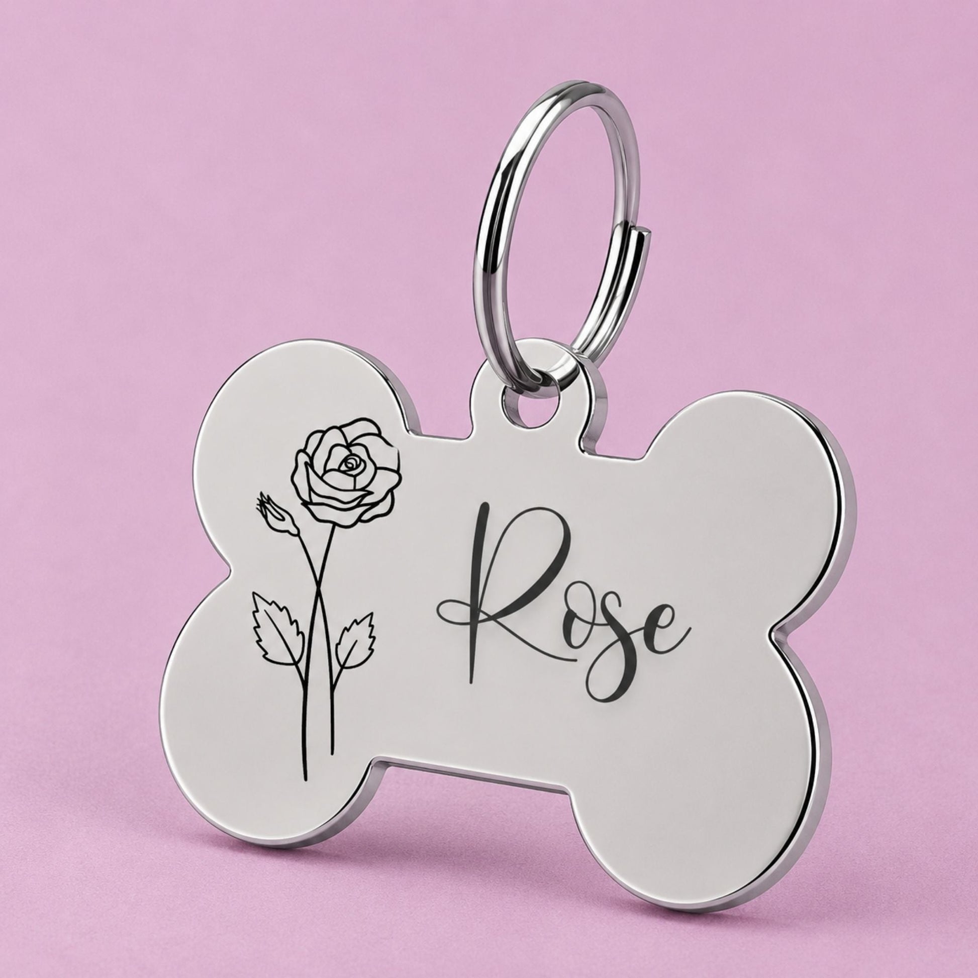 Birth Flower Dog Tag - Rose Birth Flower Dog Tag, June