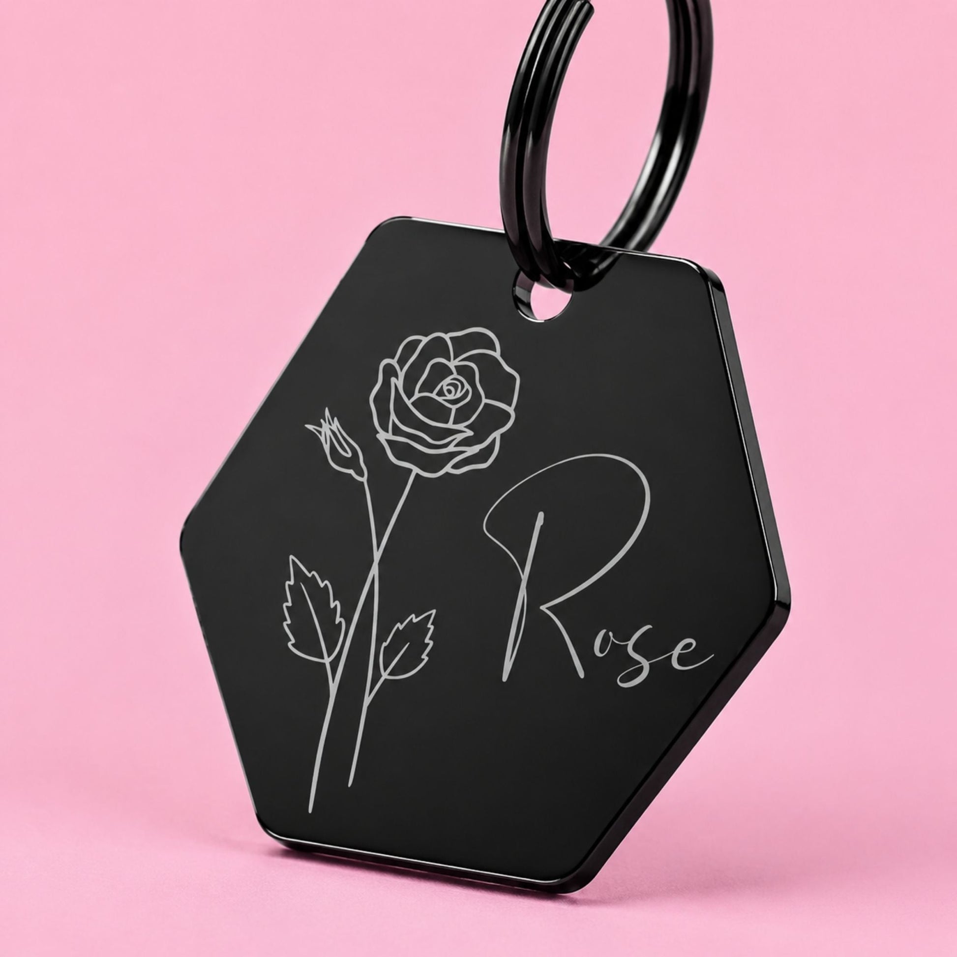 Birth Flower Dog Tag - Rose Birth Flower Dog Tag, June