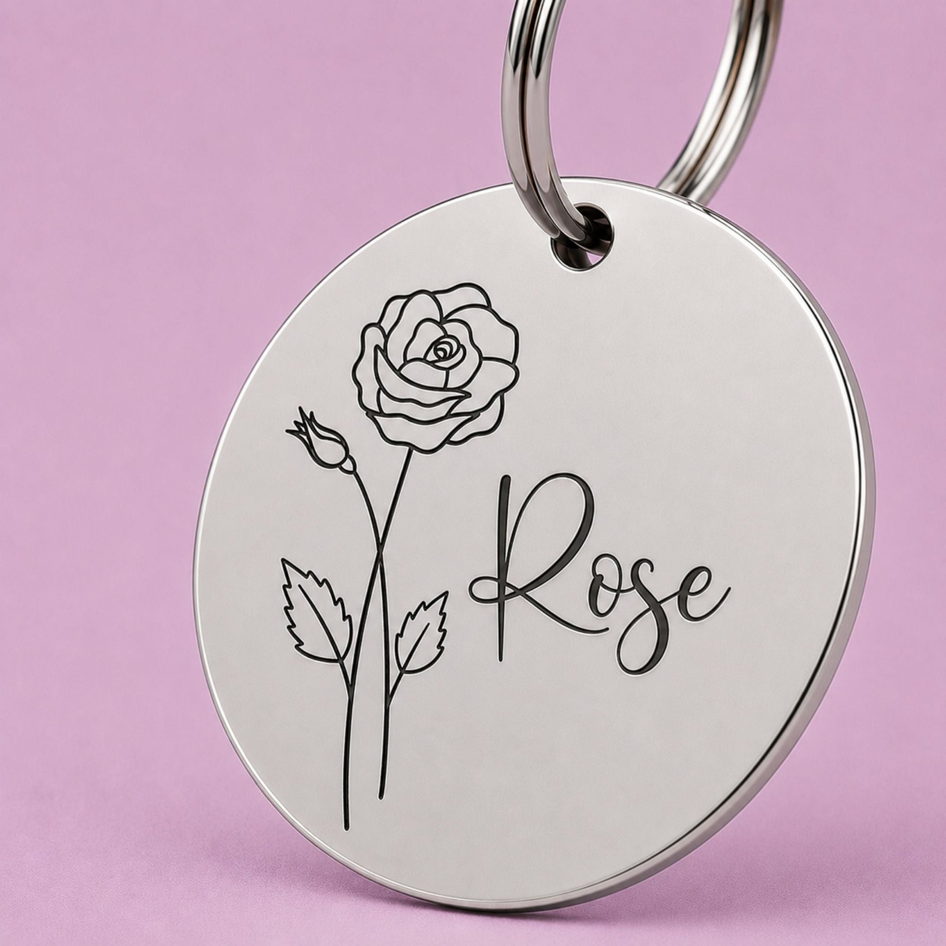 Birth Flower Dog Tag - Rose Birth Flower Dog Tag, June