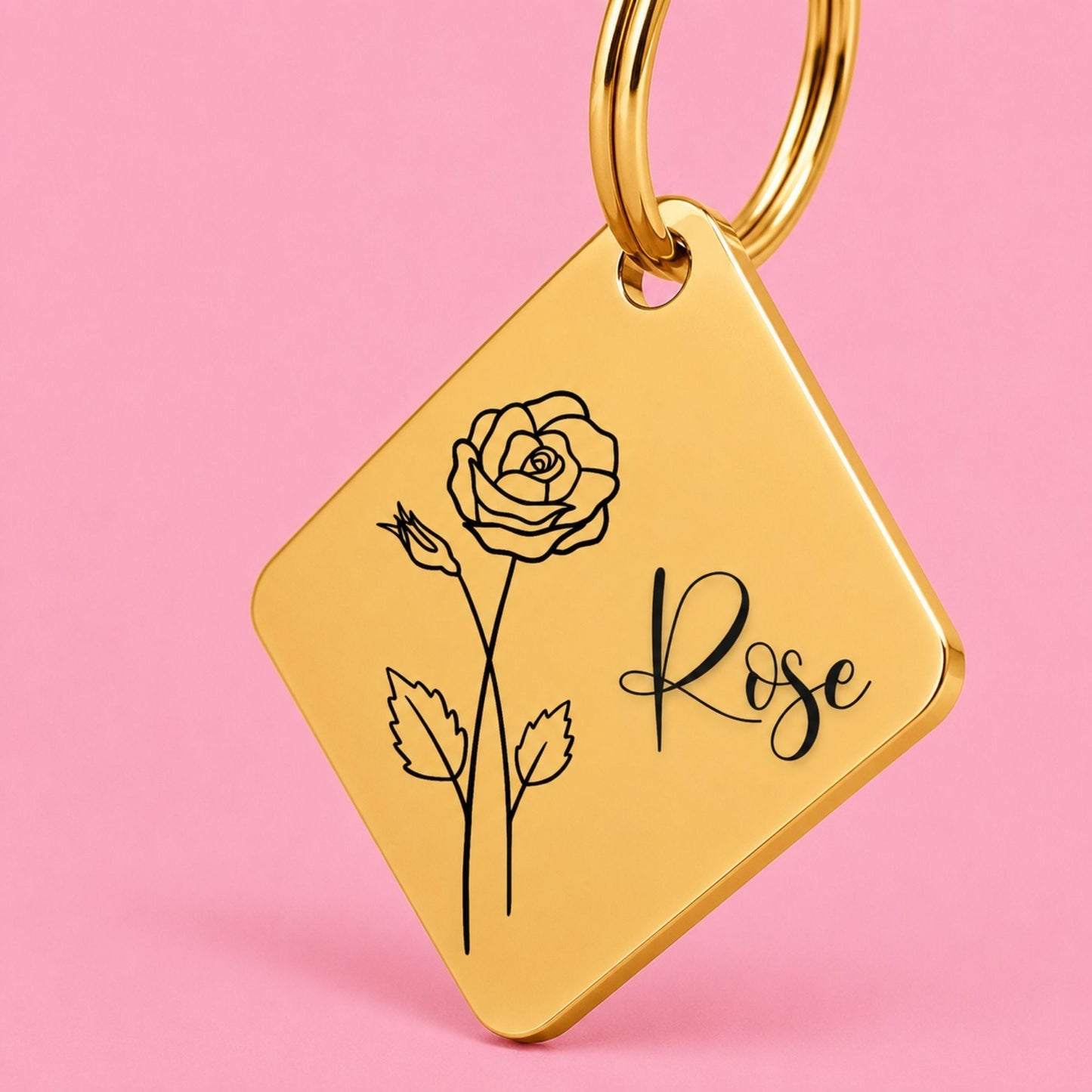 Birth Flower Dog Tag - Rose Birth Flower Dog Tag, June