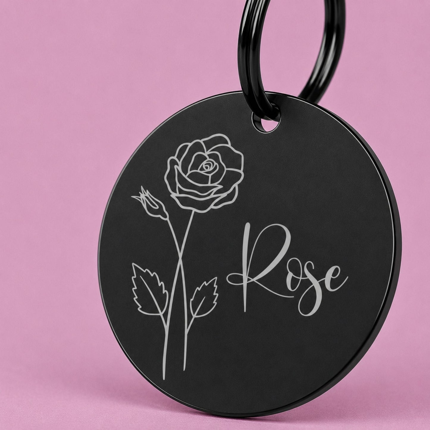 Birth Flower Dog Tag - Rose Birth Flower Dog Tag, June