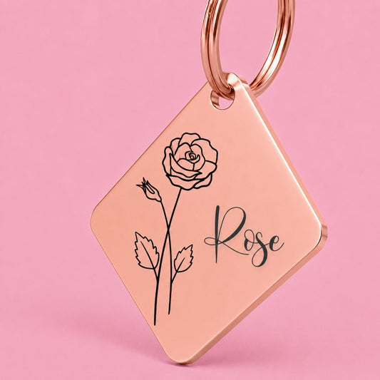 Birth Flower Dog Tag - Rose Birth Flower Dog Tag, June
