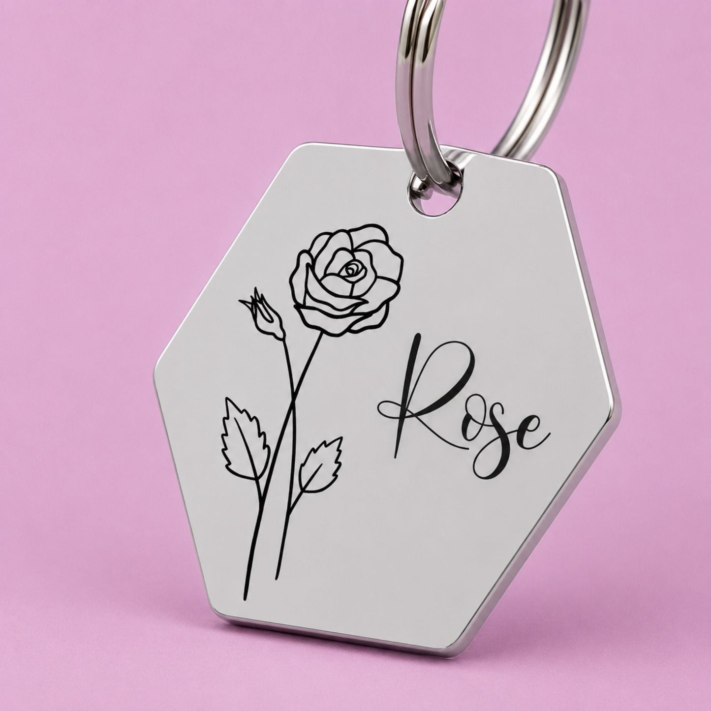 Birth Flower Dog Tag - Rose Birth Flower Dog Tag, June