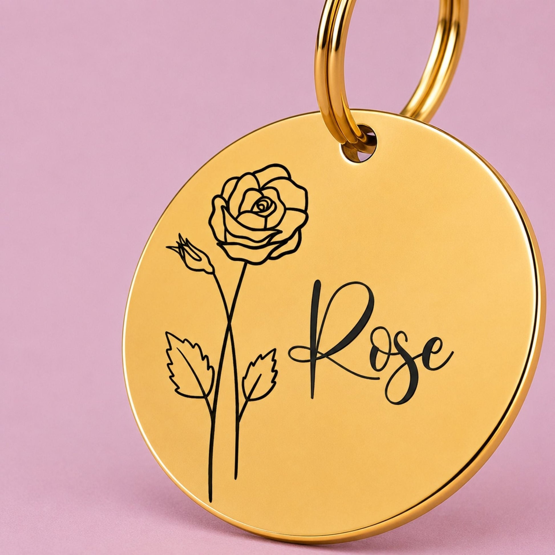 Birth Flower Dog Tag - Rose Birth Flower Dog Tag, June