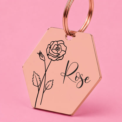 Birth Flower Dog Tag - Rose Birth Flower Dog Tag, June