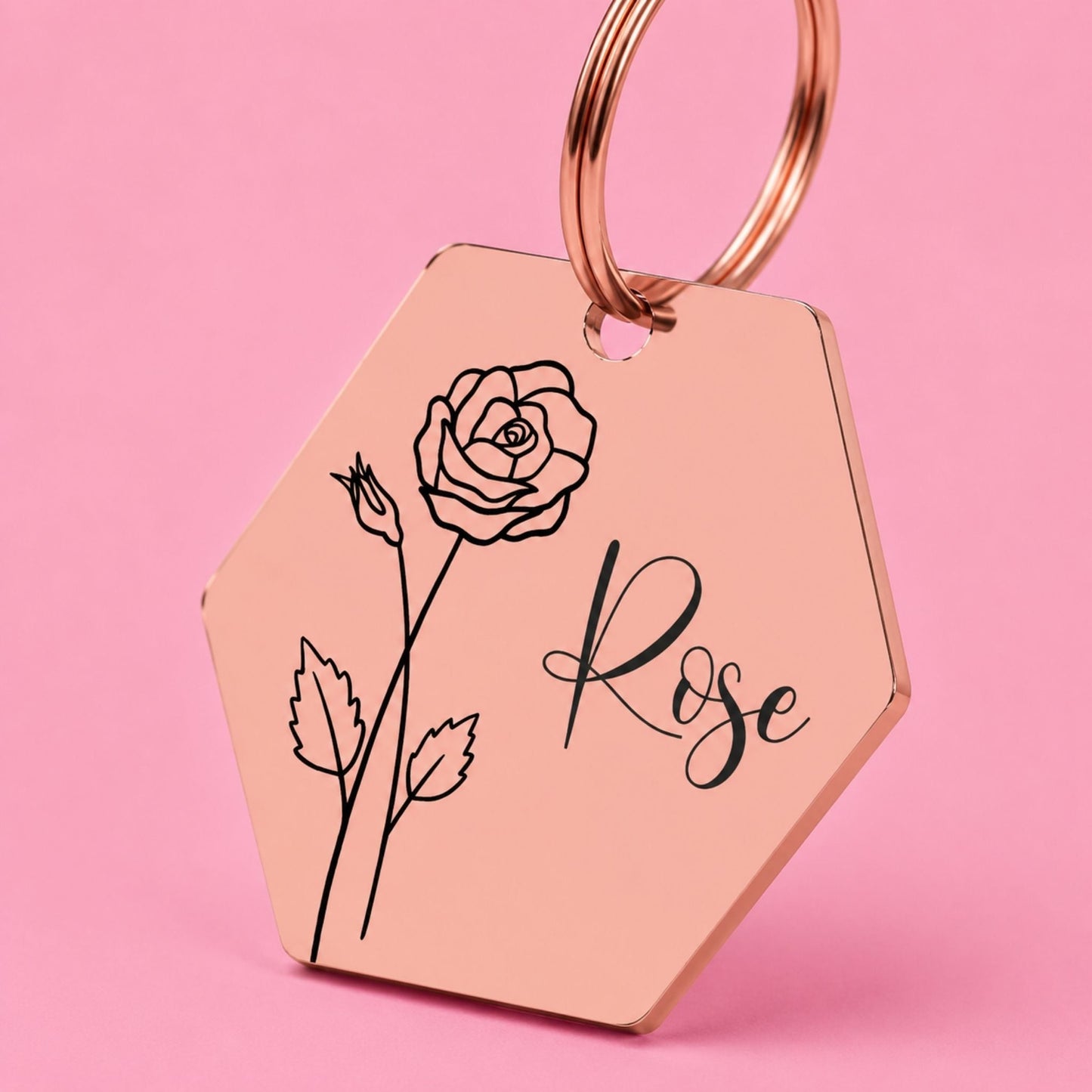 Birth Flower Dog Tag - Rose Birth Flower Dog Tag, June