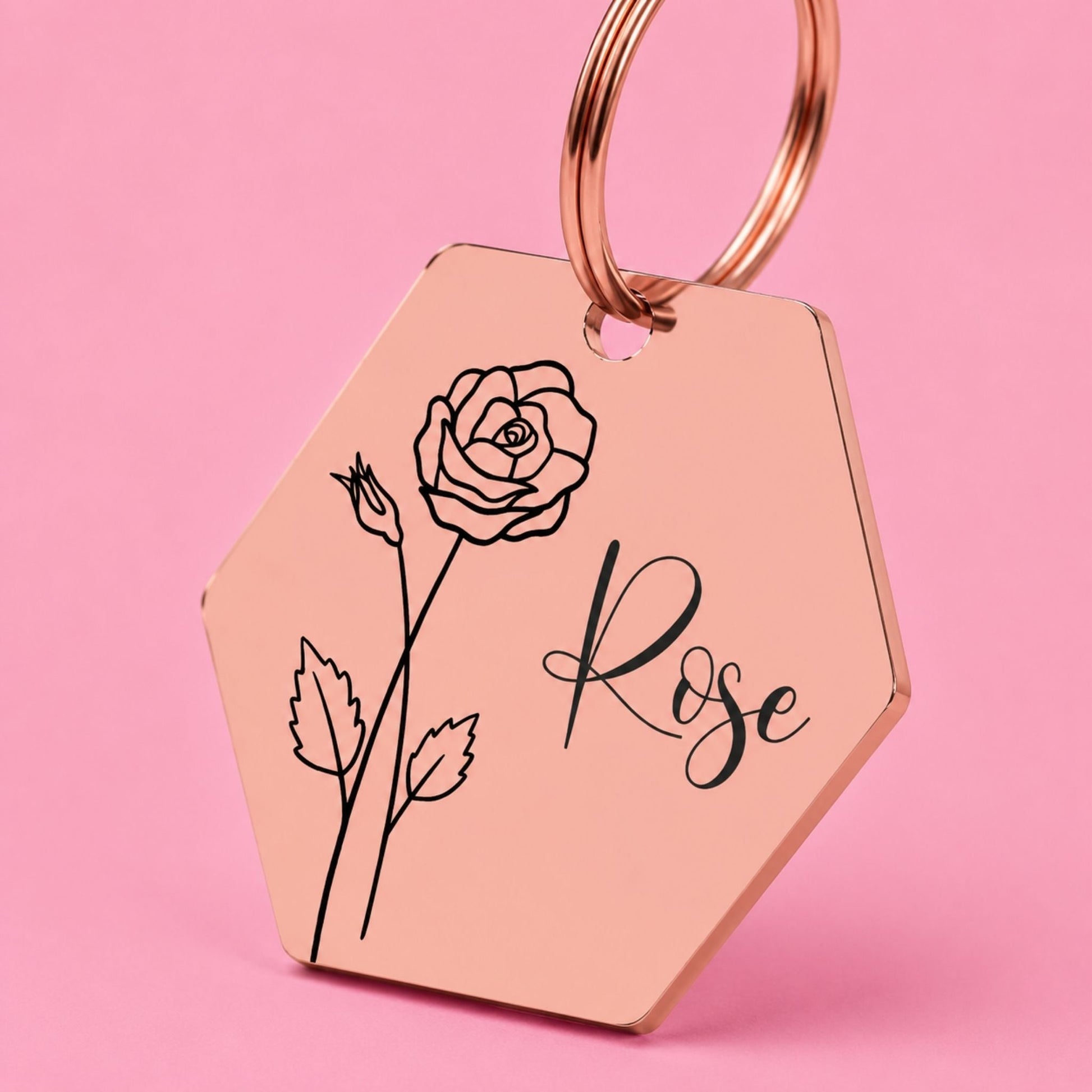 Birth Flower Dog Tag - Rose Birth Flower Dog Tag, June