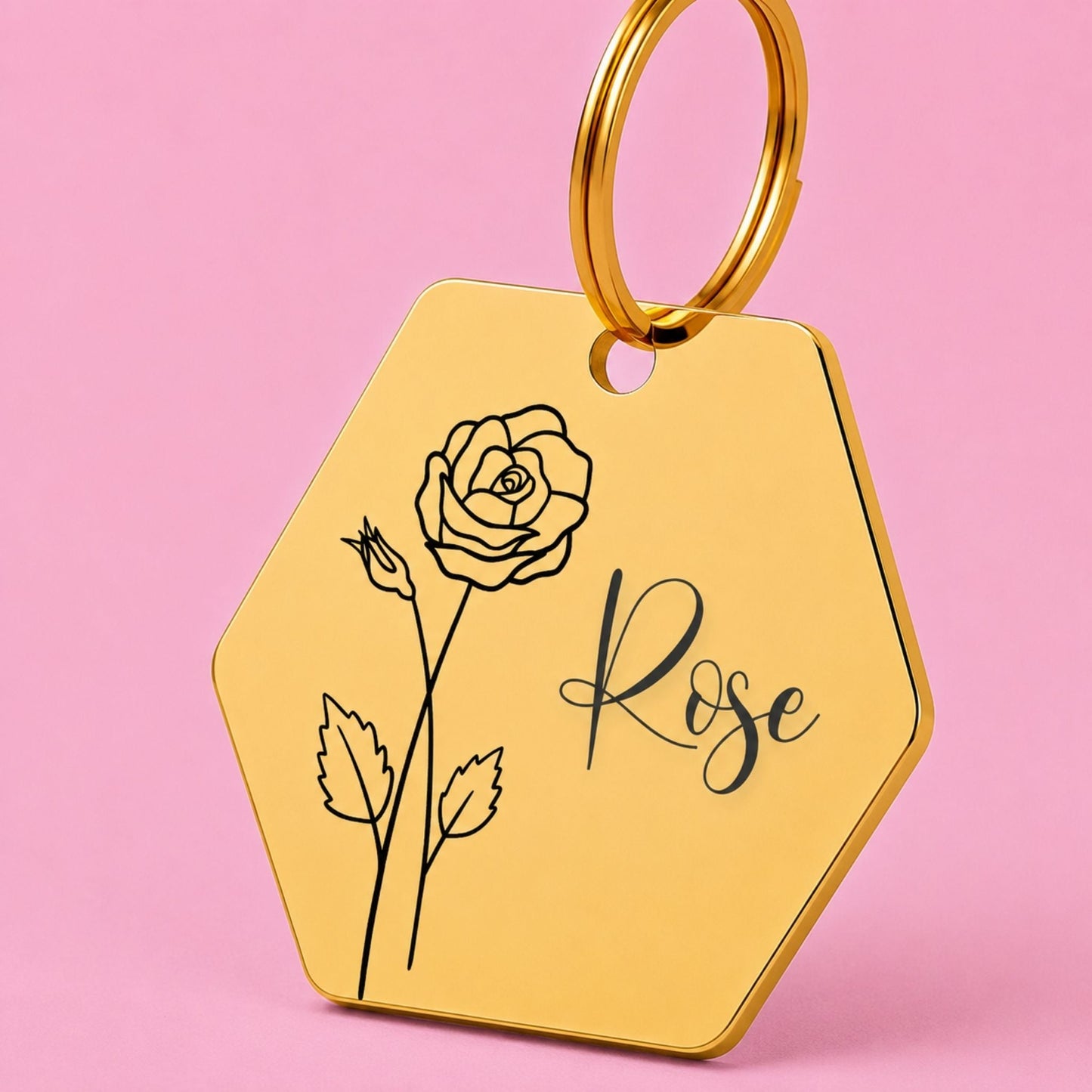Birth Flower Dog Tag - Rose Birth Flower Dog Tag, June