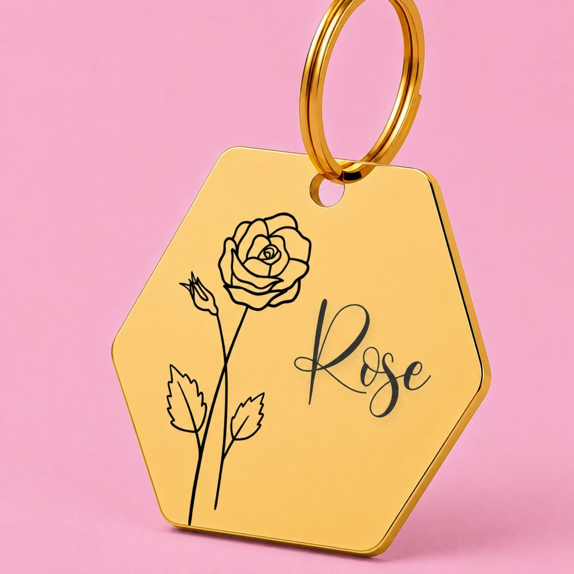 Birth Flower Dog Tag - Rose Birth Flower Dog Tag, June