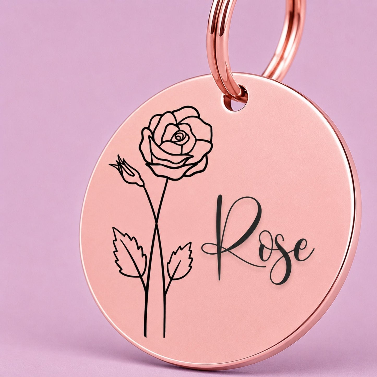 Birth Flower Dog Tag - Rose Birth Flower Dog Tag, June