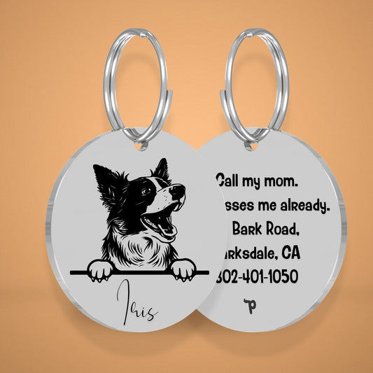 Border Collie Style 2 personalized dog tag, circle shape in silver stainless steel with peek-a-boo portrait