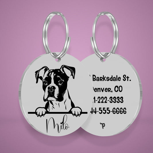 Boxer Style 2 personalized dog tag, circle shape in silver stainless steel with peek-a-boo portrait
