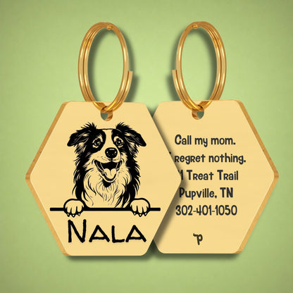 Breed Dog Tag - Australian Shepherd Unique Dog Tag with Peek-a-Boo Portrait