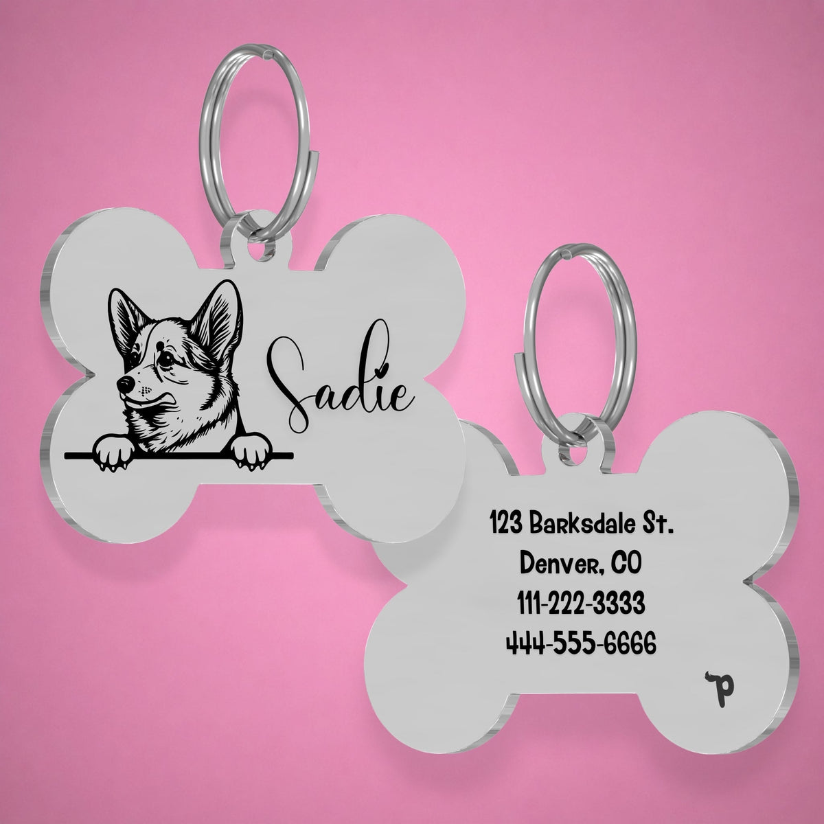 Personalized Corgi breed dog tag in rose finish with peek-a-boo Corgi engraving