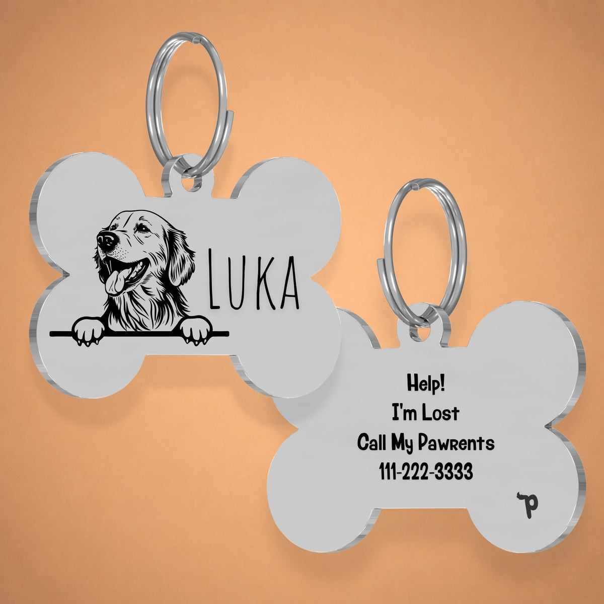 Stainless steel breed dog tag with an engraved peek-a-boo Golden Retriever portrait and name in script