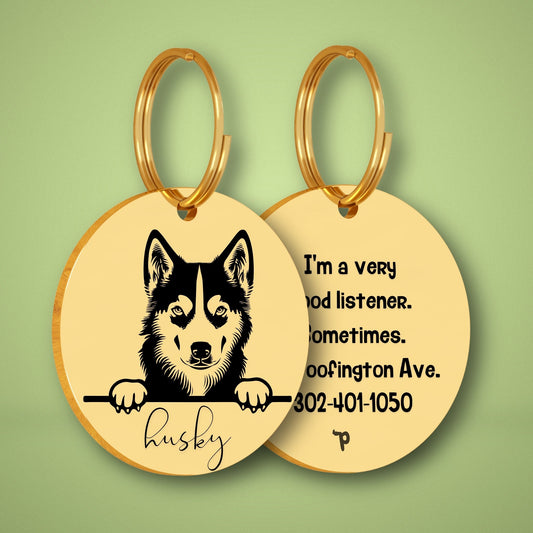Breed Dog Tag - Husky Unique Dog Tag with Peek-a-Boo Portrait (Style 2)