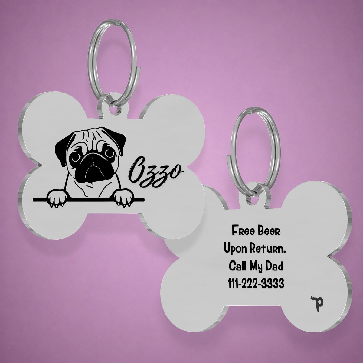 Breed Dog Tag - Pug Unique Dog Tag with Peek-a-Boo Portrait