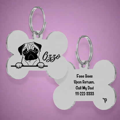 Breed Dog Tag - Pug Unique Dog Tag with Peek-a-Boo Portrait