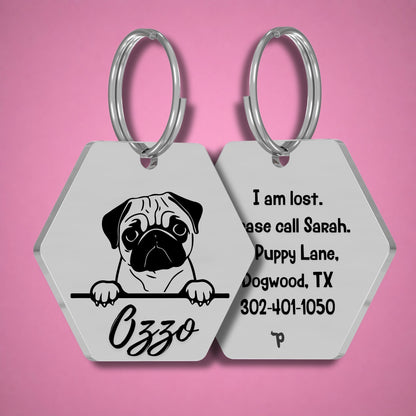 Breed Dog Tag - Pug Unique Dog Tag with Peek-a-Boo Portrait