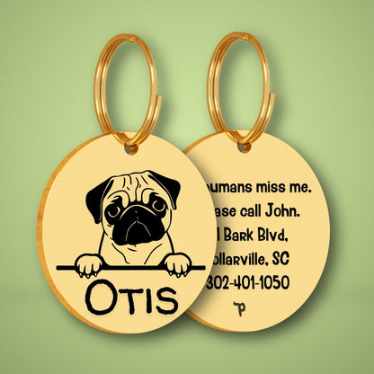 Breed Dog Tag - Pug Unique Dog Tag with Peek-a-Boo Portrait