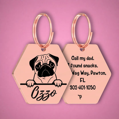 Breed Dog Tag - Pug Unique Dog Tag with Peek-a-Boo Portrait
