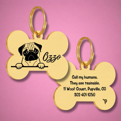 Breed Dog Tag - Pug Unique Dog Tag with Peek-a-Boo Portrait