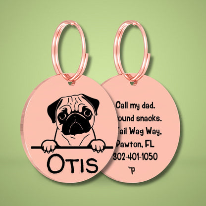 Breed Dog Tag - Pug Unique Dog Tag with Peek-a-Boo Portrait