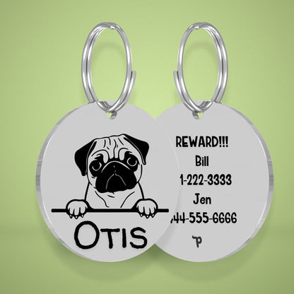 Breed Dog Tag - Pug Unique Dog Tag with Peek-a-Boo Portrait