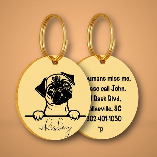 Breed Dog Tag - Pug Unique Dog Tag with Peek-a-Boo Portrait (Style 2)