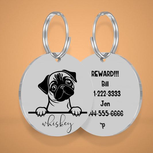 Breed Dog Tag - Pug Unique Dog Tag with Peek-a-Boo Portrait (Style 2)
