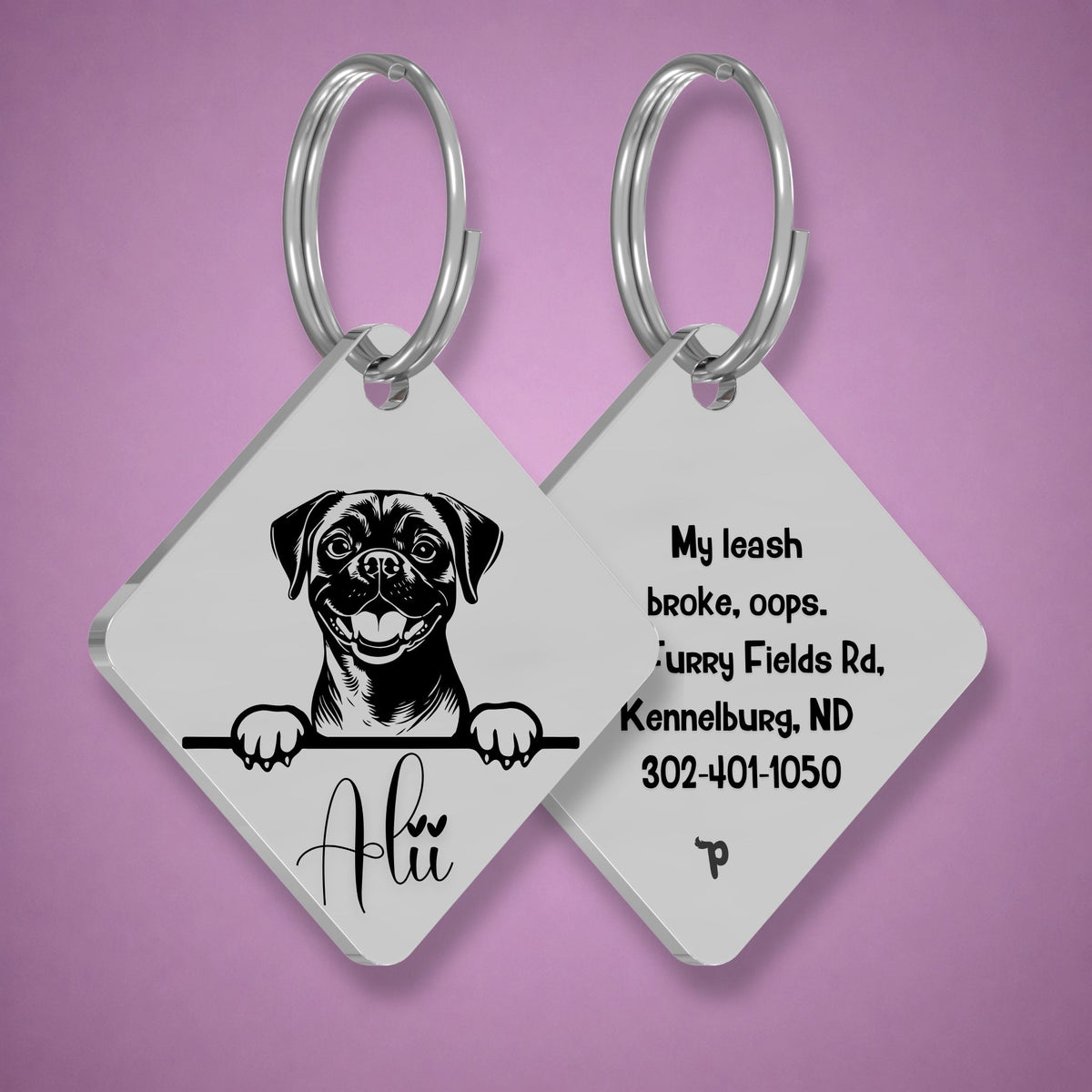 Breed Dog Tag - Puggle Unique Dog Tag with Peek-a-Boo Portrait