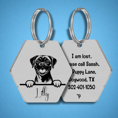 Breed Dog Tag - Puggle Unique Dog Tag with Peek-a-Boo Portrait