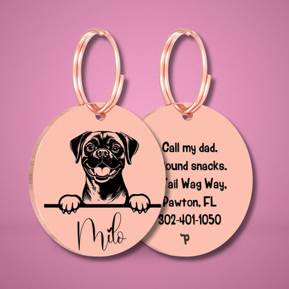 Breed Dog Tag - Puggle Unique Dog Tag with Peek-a-Boo Portrait
