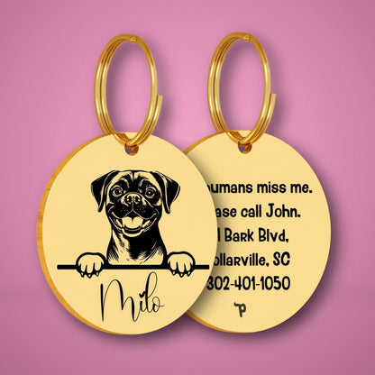 Breed Dog Tag - Puggle Unique Dog Tag with Peek-a-Boo Portrait