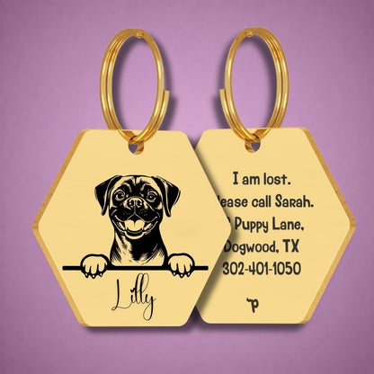 Breed Dog Tag - Puggle Unique Dog Tag with Peek-a-Boo Portrait