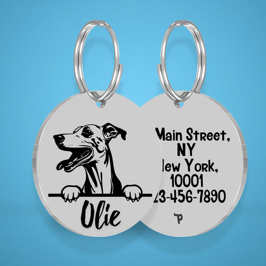 Breed Dog Tag - Whippet Unique Dog Tag with Peek-a-Boo Portrait
