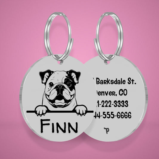 Bulldog Style 2 personalized dog tag, circle shape in silver stainless steel with peek-a-boo portrait