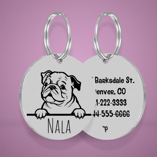 Bulldog Style 3 personalized dog tag, circle shape in silver stainless steel with peek-a-boo portrait