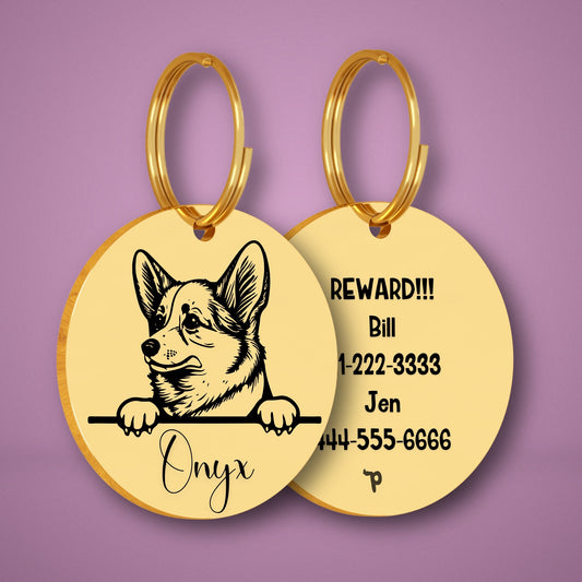 Corgi Style 2 personalized dog tag, circle shape in gold stainless steel with peek-a-boo portrait