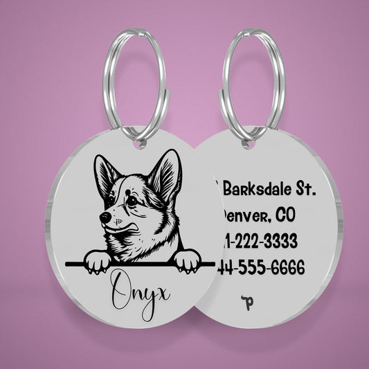 Corgi Style 2 personalized dog tag, circle shape in silver stainless steel with peek-a-boo portrait