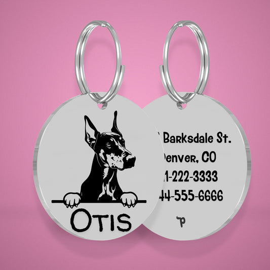 Dobermann Style 2 personalized dog tag, circle shape in silver stainless steel with peek-a-boo portrait