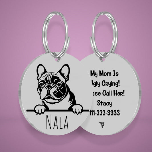 French Bulldog Style 2 personalized dog tag, circle shape in silver stainless steel with peek-a-boo portrait