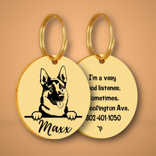 German Shepherd Style 2 personalized dog tag, circle shape in gold stainless steel with peek-a-boo portrait