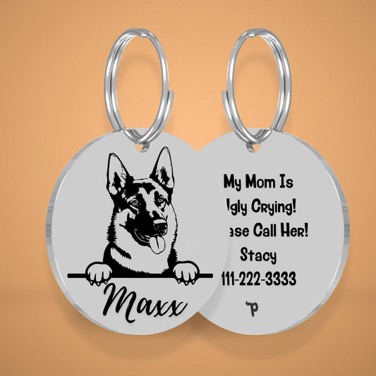 German Shepherd Style 2 personalized dog tag, circle shape in silver stainless steel with peek-a-boo portrait