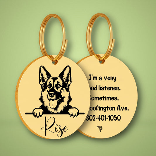 German Shepherd Style 3 personalized dog tag, circle shape in gold stainless steel with peek-a-boo portrait