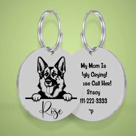 German Shepherd Style 3 personalized dog tag, circle shape in silver stainless steel with peek-a-boo portrait
