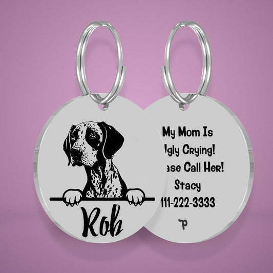 German Shorthair Style 2 personalized dog tag, circle shape in silver stainless steel with peek-a-boo portrait